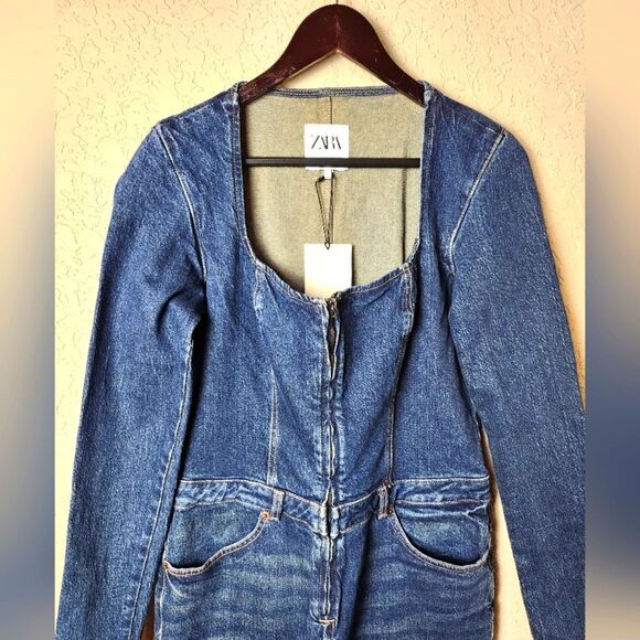 Zara Full Denim Jumpsuit With Front Zip Long Sleeve Size XL - Picture 6 of 11